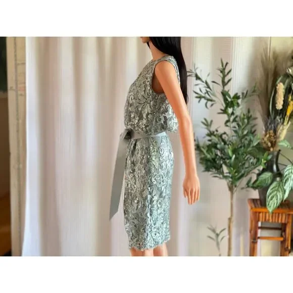 NWT Tadashi Shoji Ice Green Sequin Lace Dress Cocktail Dress Ribbon‎ Belt Size 6 - Picture 5 of 12